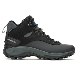 Merrell hiking boot, black with waterproof design, featuring a high ankle support, durable sole with deep treads for traction, and a lace-up closure.