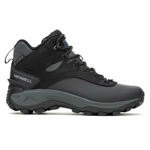 Merrell hiking boot, black with waterproof design, featuring a high ankle support, durable sole with deep treads for traction, and a lace-up closure.