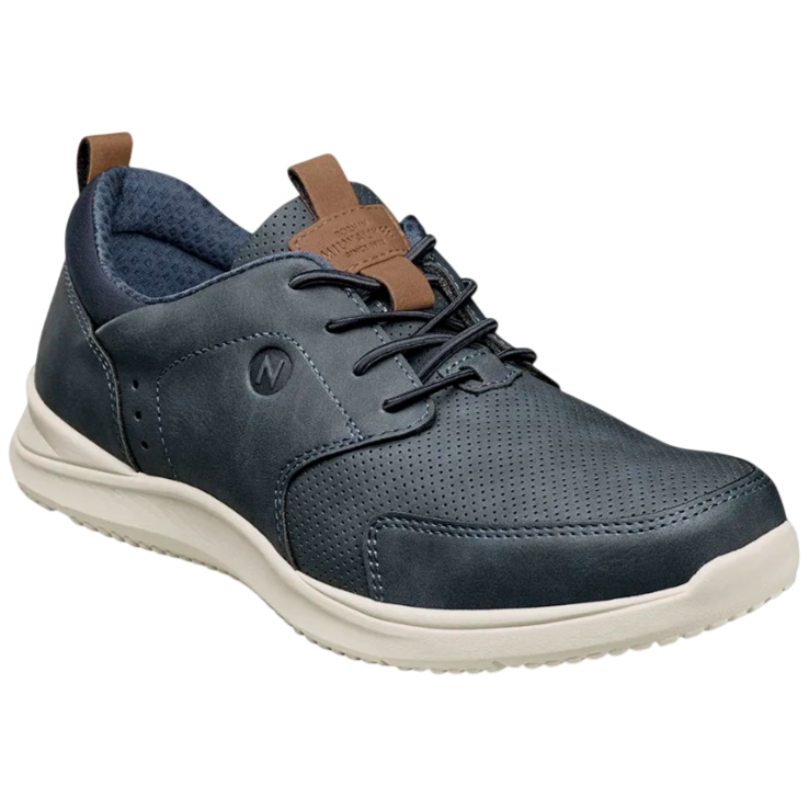A navy blue casual sneaker with perforated detailing, white sole, brown accents, and lace-up closure, featuring a subtle logo on the side.
