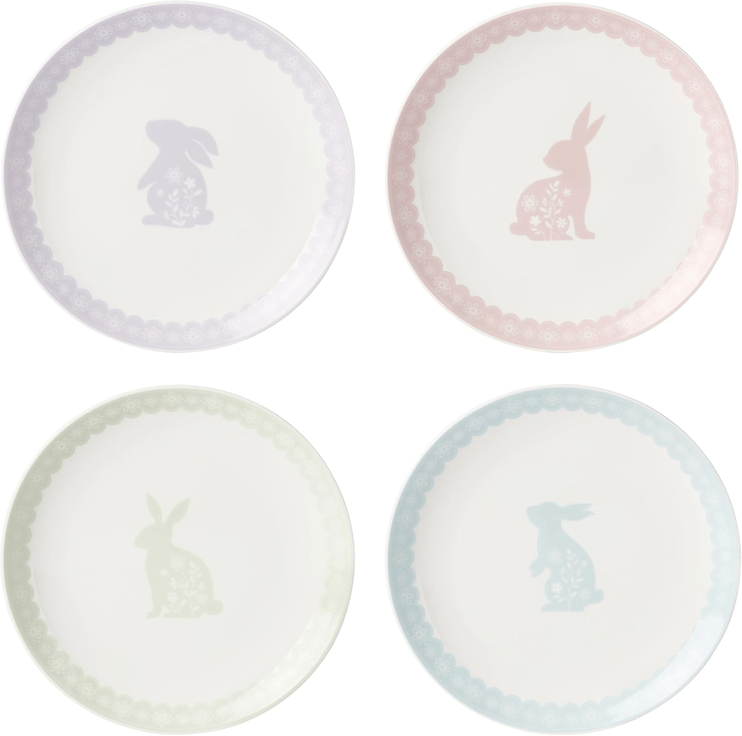 Set of four ceramic plates featuring pastel-colored rabbits and floral patterns, each with a scalloped border in pink, yellow, blue, and purple.