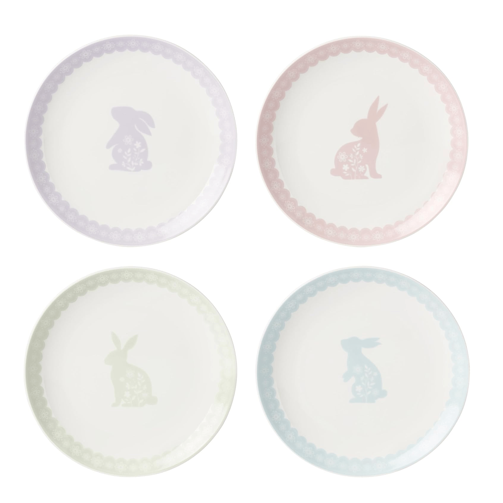 Set of four ceramic plates featuring pastel-colored rabbits and floral patterns, each with a scalloped border in pink, yellow, blue, and purple.