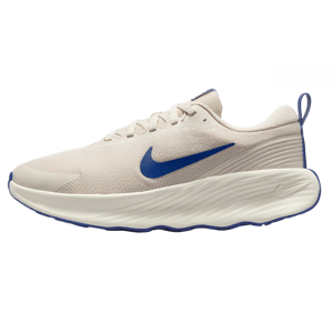 Nike Promina Walking Shoes feature a light beige mesh upper with a blue swoosh, cushioned midsole, and textured sole for comfort and traction.