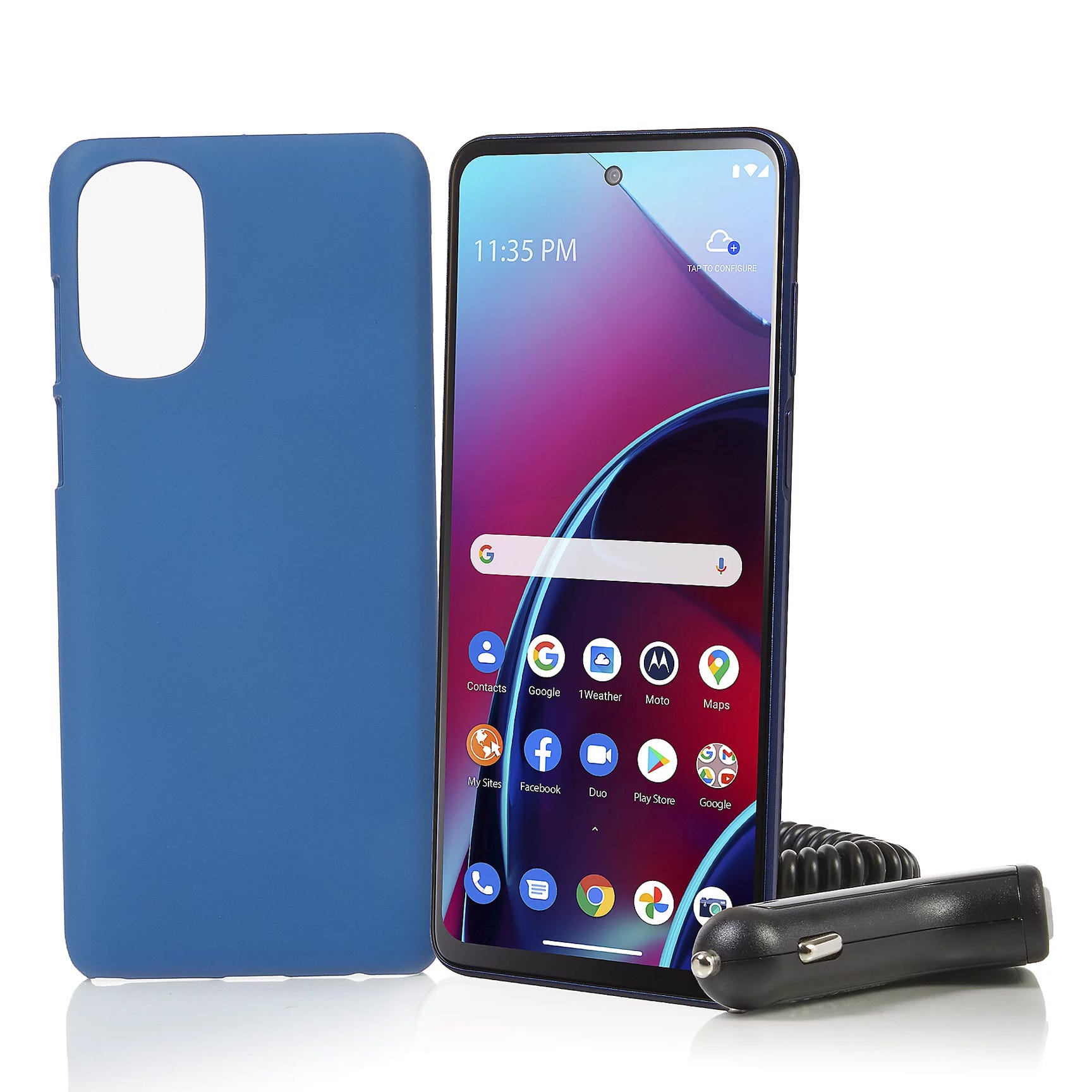 Smartphone with its display on, accompanied by a blue protective case and a car charger.