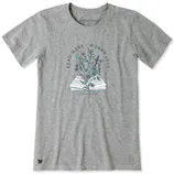Gray T-shirt with a design of an open book with flowers and the text \“READ MORE, WORRY LESS\“ and \“LIFE IS GOOD.\“