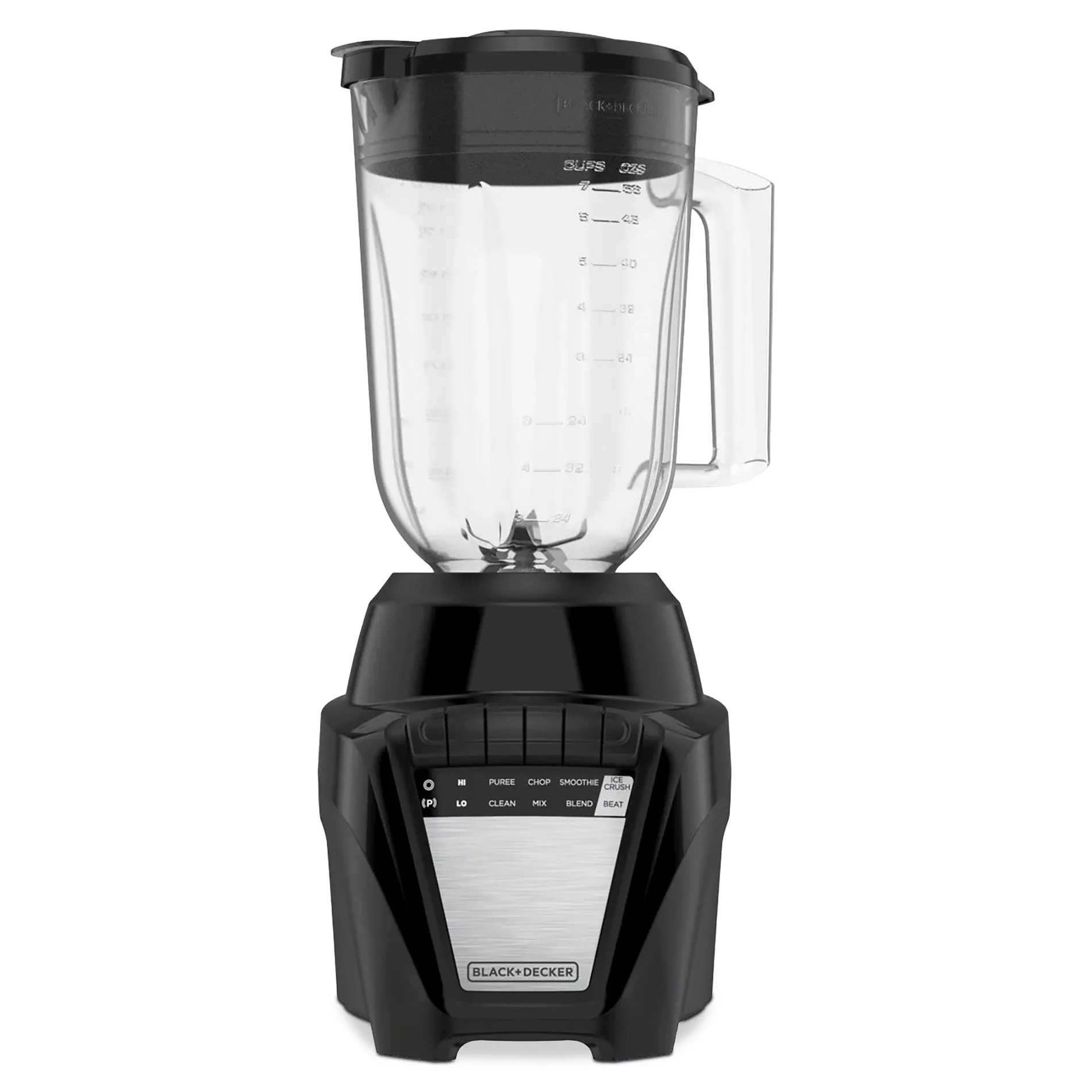 A Black+Decker blender with a clear pitcher, black base, and multiple speed settings including puree, chop, smoothie, low, clean, mix, blend, beat, and crush.