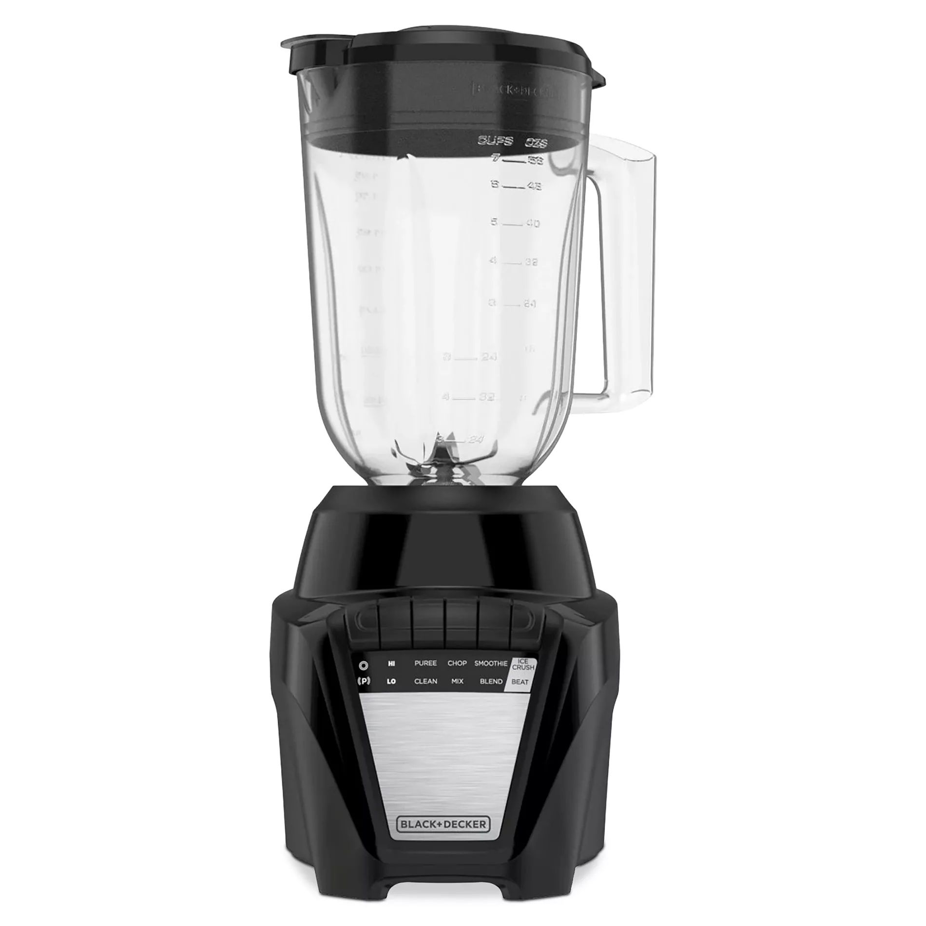 A Black+Decker blender with a clear pitcher, black base, and multiple speed settings including puree, chop, smoothie, low, clean, mix, blend, beat, and crush.