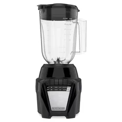 A Black+Decker blender with a clear pitcher, black base, and multiple speed settings including puree, chop, smoothie, low, clean, mix, blend, beat, and crush.
