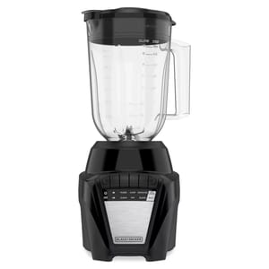 A Black+Decker blender with a clear pitcher, black base, and multiple speed settings including puree, chop, smoothie, low, clean, mix, blend, beat, and crush.
