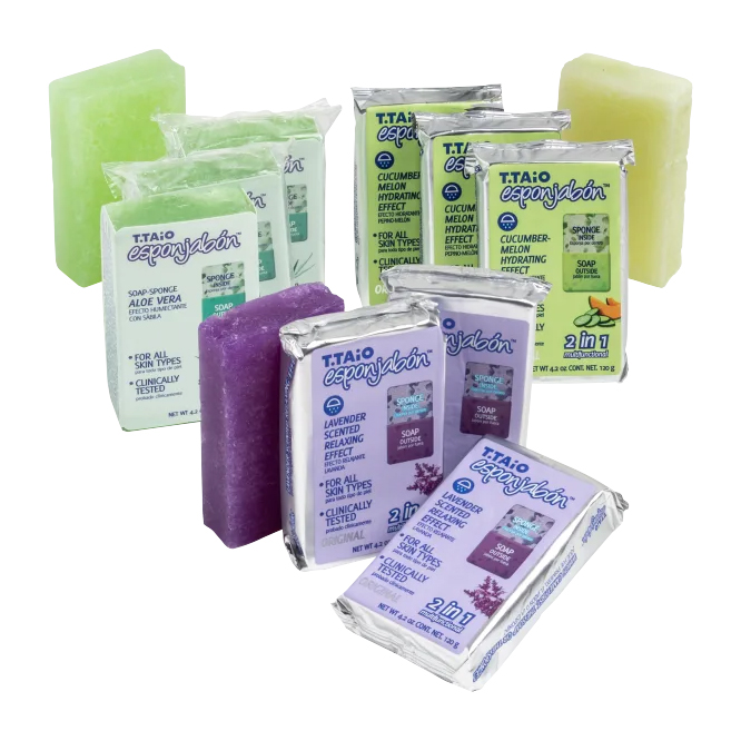 Assorted colored soap sponges in packaging, labeled for hydrating effects and different scents like cucumber, melon, and lavender.