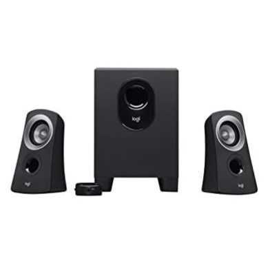 Logitech speaker system with two satellite speakers and a subwoofer, featuring a compact design and a volume control knob.