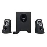Logitech speaker system with two satellite speakers and a subwoofer, featuring a compact design and a volume control knob.