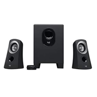 Logitech speaker system with two satellite speakers and a subwoofer, featuring a compact design and a volume control knob.