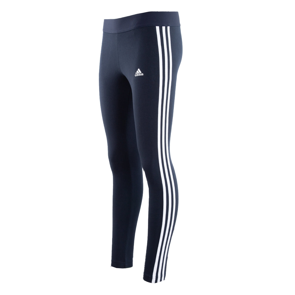 Navy blue Adidas leggings for women with three white stripes running down the outer side of each leg and a small white Adidas logo on the left thigh.