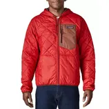 A red quilted jacket with a hood, featuring a contrasting brown chest pocket, worn by a person standing.