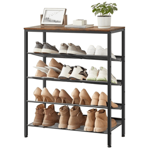 A black metal shoe rack holds assorted footwear, including sneakers, heels, and boots, with a wood top displaying a plant, a small photo frame, and a box.