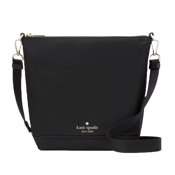 Black Kate Spade New York crossbody bag with a minimalist design, featuring a detachable shoulder strap and metal hardware.