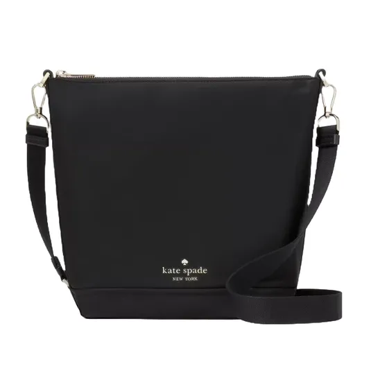 Black Kate Spade New York crossbody bag with a minimalist design, featuring a detachable shoulder strap and metal hardware.