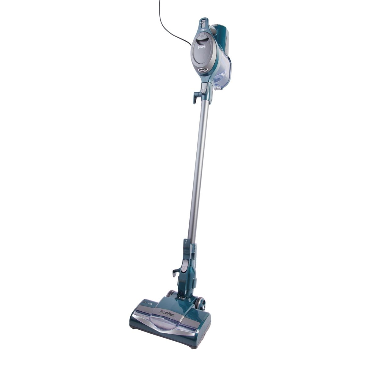 The Shark Corded Stick Vacuum is a lightweight, slender vacuum cleaner with a teal color, featuring a long handle, power cord, and a motorized brush head suitable for hard floors and carpets.