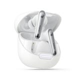 White wireless earbuds with silver stems in an open charging case, labeled \“soundcore.\“