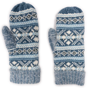 Blue and white patterned knit mittens featuring snowflake and geometric designs.