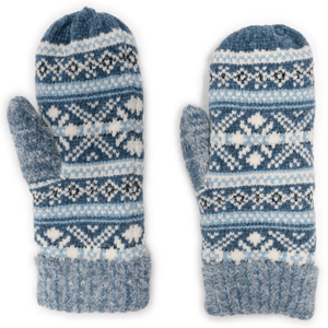 Blue and white patterned knit mittens featuring snowflake and geometric designs.