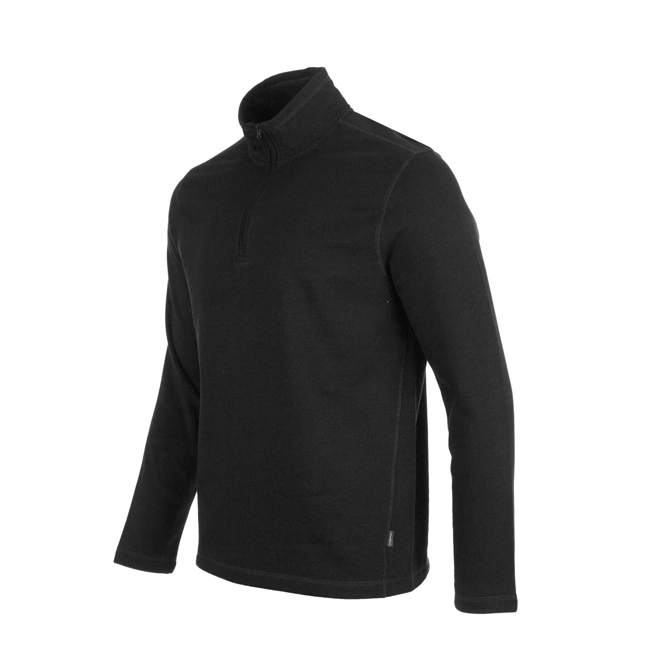 Black fleece pullover with a high collar and a quarter-zip closure.