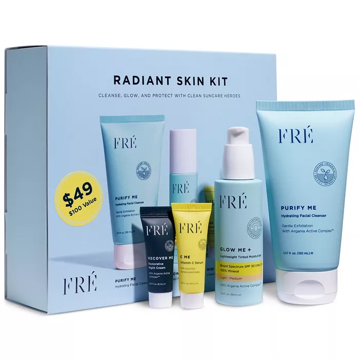 FRE 4pc Radiant Skin Skincare Set includes Purify Me hydrating facial cleanser, Glow Me+ lightweight tinted moisturizer with SPF 30, Recover Me night cream, and C Me Vitamin C serum. It's priced at $49 with a $100 value, offering clean skincare solutions.