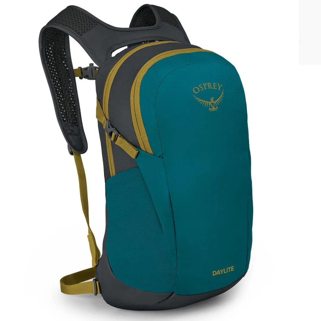 Teal and yellow Osprey Daylite backpack with adjustable straps and zippered compartments.