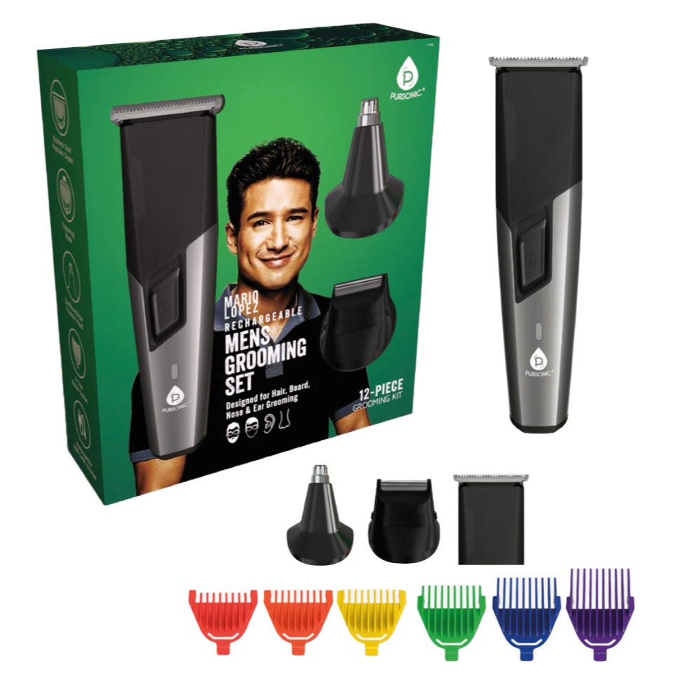 Men’s rechargeable grooming set with trimmer, nose and ear attachments, and colorful combs. Includes a 12-piece kit for hair, beard, nose, and ear grooming.