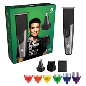 Men’s rechargeable grooming set with trimmer, nose and ear attachments, and colorful combs. Includes a 12-piece kit for hair, beard, nose, and ear grooming.