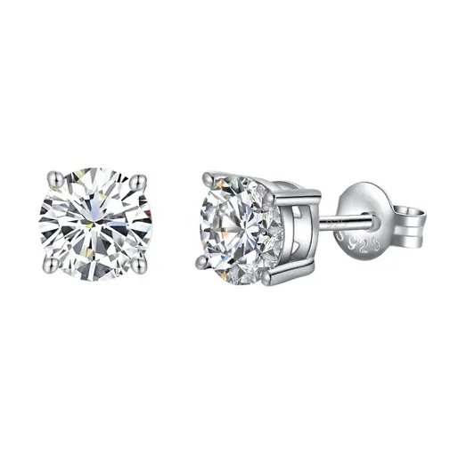 A pair of round-cut, silver-tone stud earrings with clear stones, featuring a four-prong setting and a 925 sterling silver mark on the backing.
