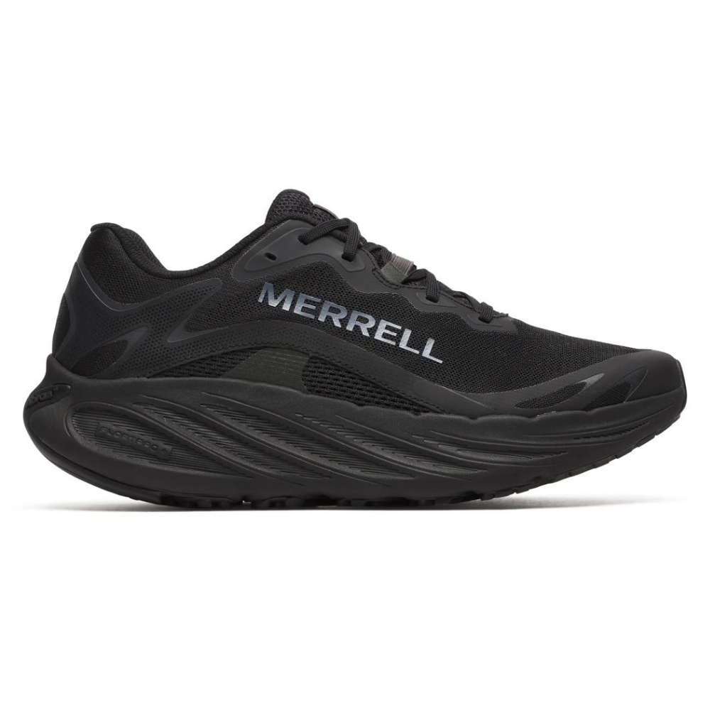 Black Merrell athletic shoe with a streamlined design, featuring the \“Merrell\“ logo on the side and a textured sole for grip.