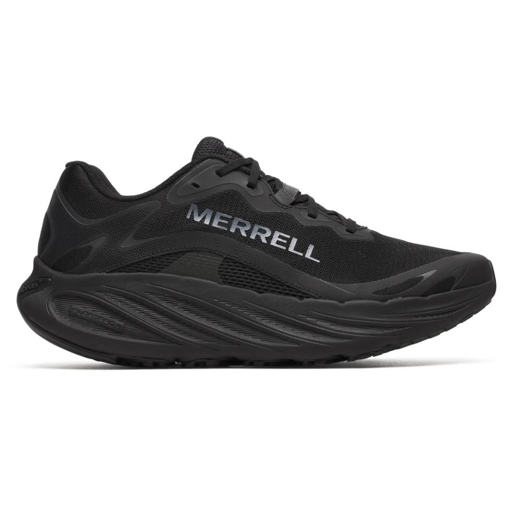 Black Merrell athletic shoe with a streamlined design, featuring the \“Merrell\“ logo on the side and a textured sole for grip.