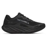 Black Merrell athletic shoe with a streamlined design, featuring the \“Merrell\“ logo on the side and a textured sole for grip.