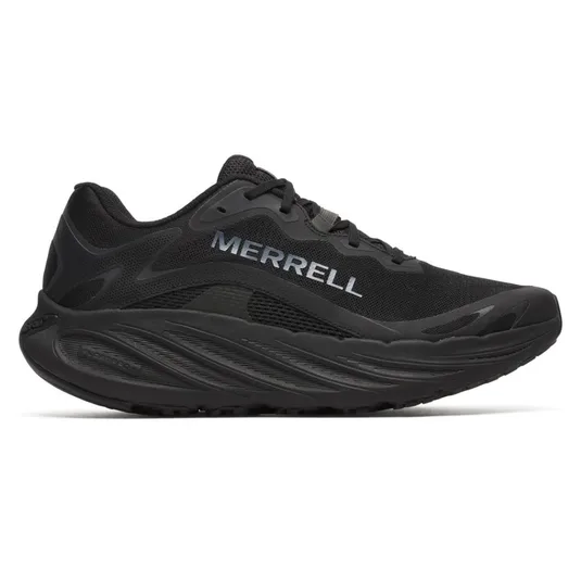 Black Merrell athletic shoe with a streamlined design, featuring the \“Merrell\“ logo on the side and a textured sole for grip.