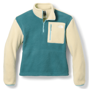 A teal and cream fleece pullover with a quarter-zip, featuring a chest pocket with a zip closure and a logo.