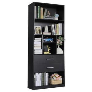 A black bookshelf with multiple shelves and drawers displaying books, a small model car, a golden deer figurine, and vases with flowers.