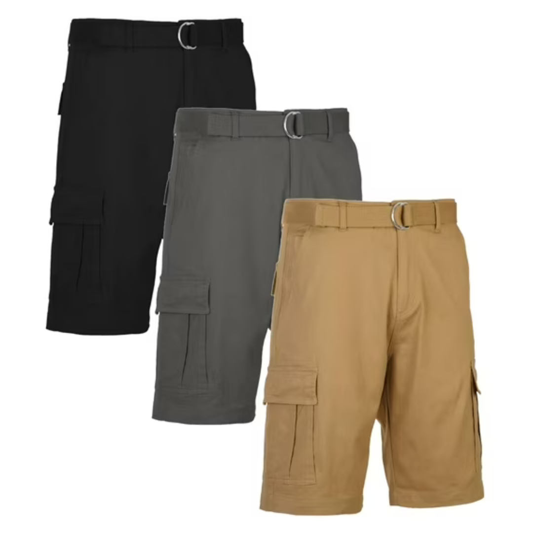 A set of three belted cargo shorts in black, gray, and beige, each featuring multiple pockets and durable fabric with a D-ring belt for a secure fit.