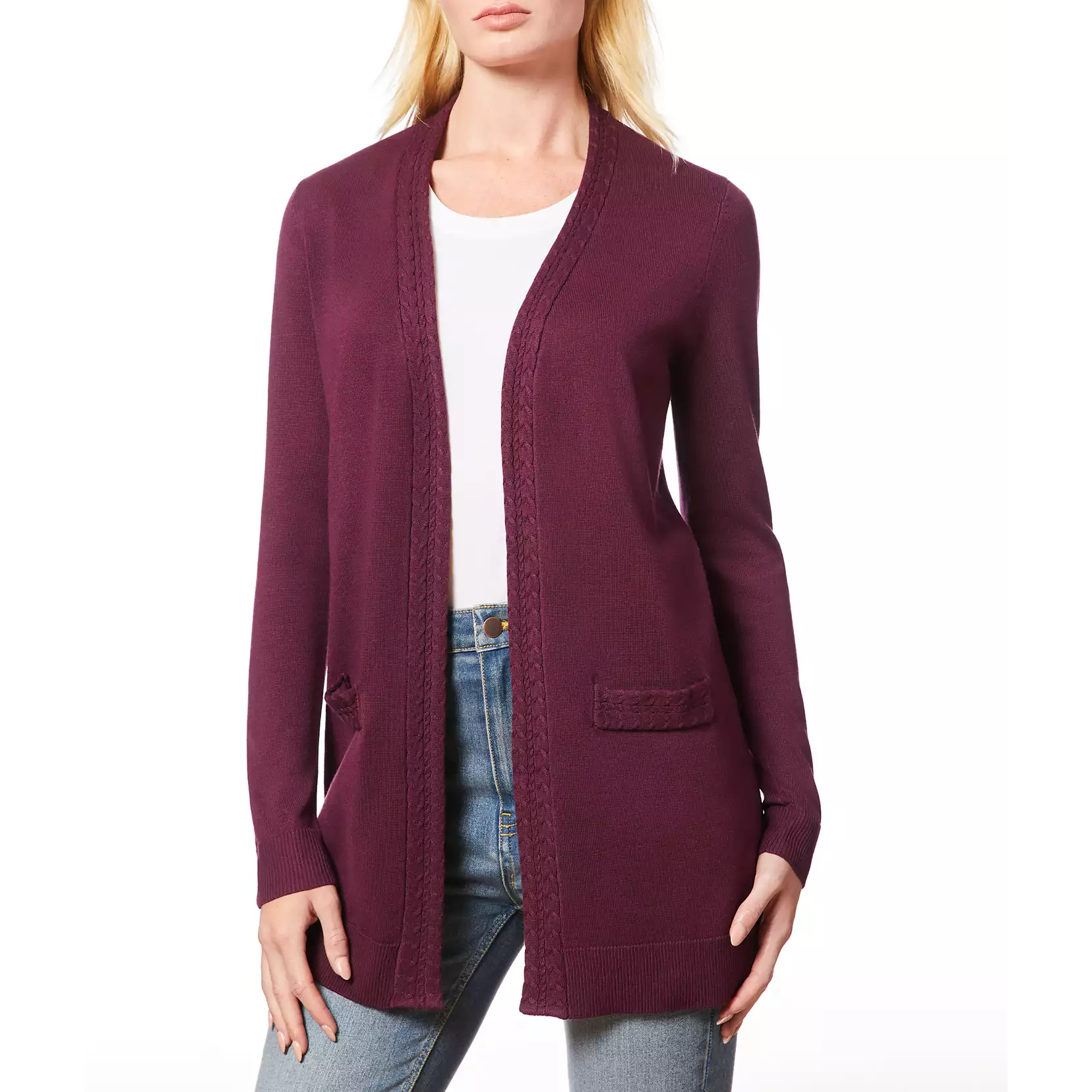 A woman is wearing a long-sleeve burgundy cardigan with cable knit trim and front pockets.