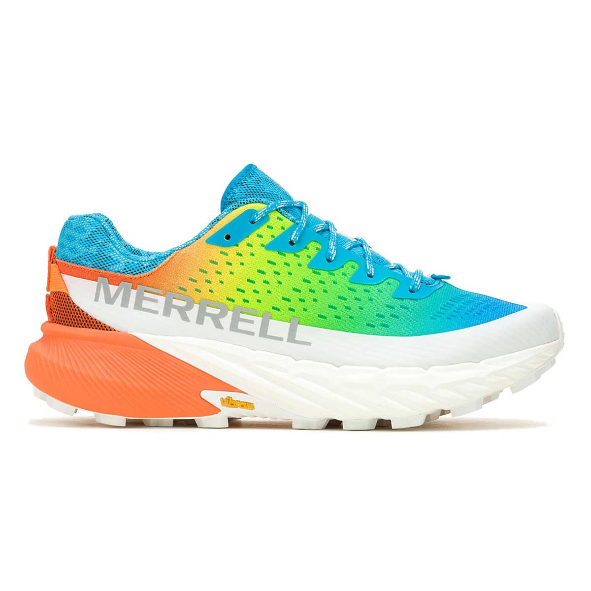 Merrell athletic shoe with a vibrant gradient of blue, green, and orange. Features a thick white sole and Vibram branding.