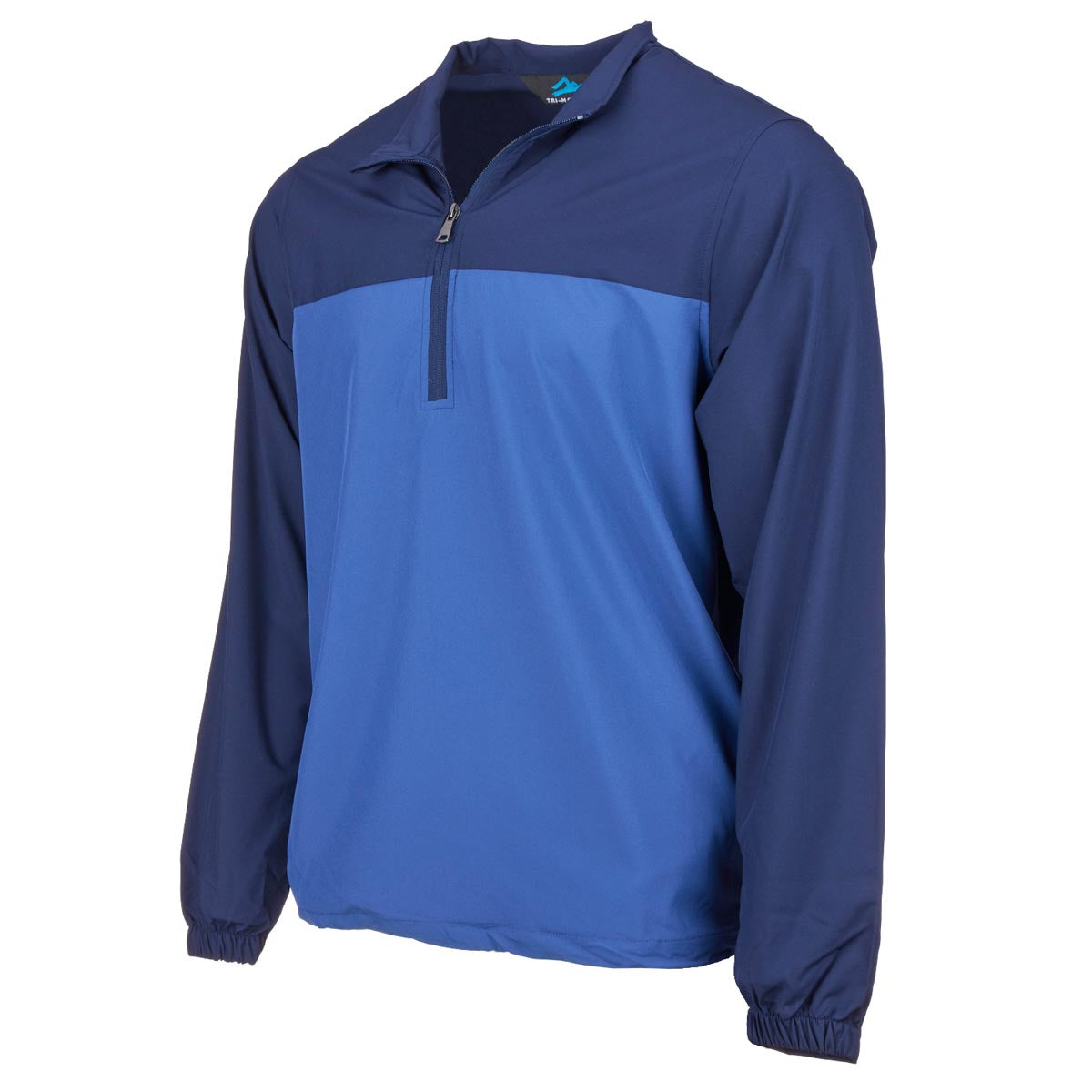 A two-tone windshirt with a half-zip front, featuring a navy upper and a lighter blue lower panel, with elastic cuffs.