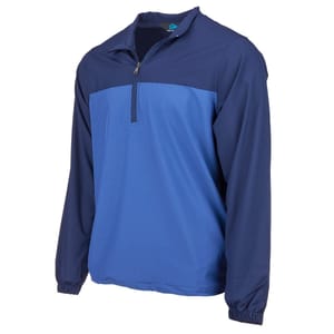 A two-tone windshirt with a half-zip front, featuring a navy upper and a lighter blue lower panel, with elastic cuffs.