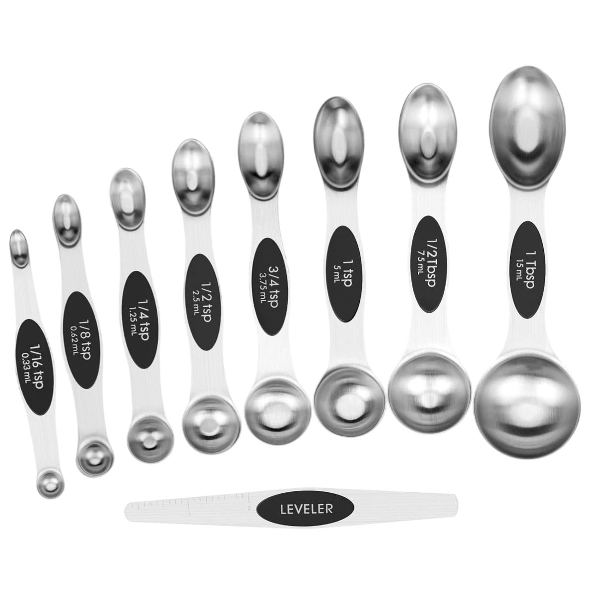 A set of stainless steel measuring spoons with oval labels indicating sizes: 1/16 tsp, 1/8 tsp, 1/4 tsp, 1/2 tsp, 3/4 tsp, 1 tsp, 1/2 tbsp, 1 tbsp, and a leveler tool.