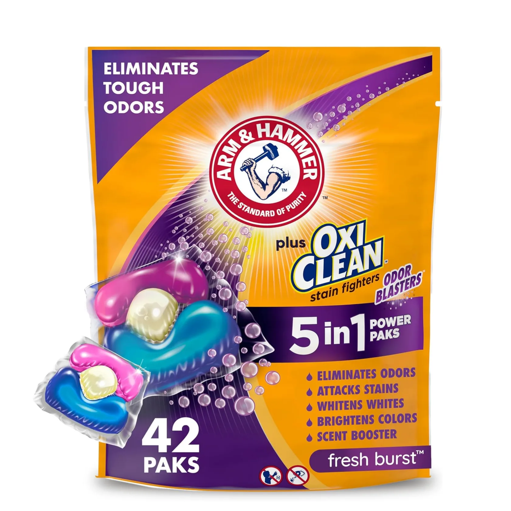 Arm & Hammer Plus OxiClean power paks, 42 count, with 5-in-1 benefits: eliminates odors, attacks stains, whitens whites, brightens colors, and is a scent booster. Fresh burst scent.