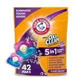 Arm & Hammer Plus OxiClean power paks, 42 count, with 5-in-1 benefits: eliminates odors, attacks stains, whitens whites, brightens colors, and is a scent booster. Fresh burst scent.
