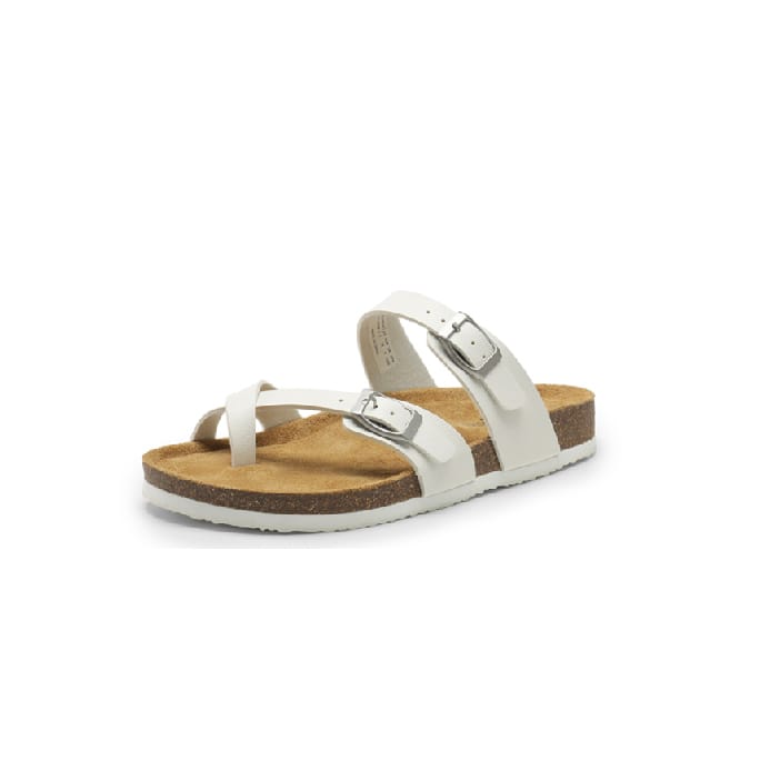 White strappy sandal with an adjustable buckle and a cork footbed.