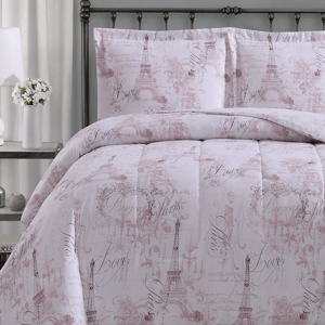 Bedding set featuring a Paris theme with the Eiffel Tower and scripted words like \“Love\“ and \“Bonjour Paris\“ in a soft pink and white design.