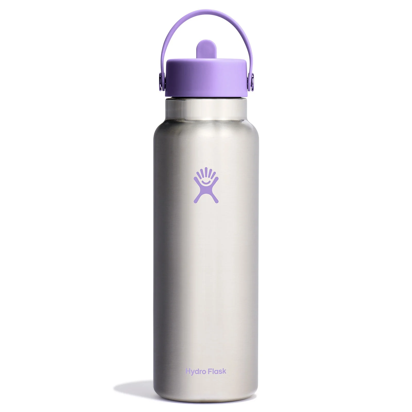 A silver Hydro Flask 40oz bottle with a purple logo, lid, and handle. It features a sturdy, sleek design, suitable for carrying beverages and maintaining temperature.
