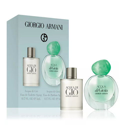 3pc His & Hers Armani Fragrance Set includes Acqua di Giò Eau de Toilette Spray and Acqua di Gioia Eau de Parfum Spray, each in 0.17 fl. oz. (5 mL) bottles, presented in a Giorgio Armani branded box.