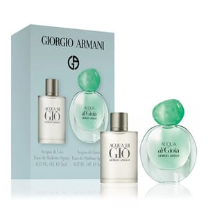 3pc His & Hers Armani Fragrance Set includes Acqua di Giò Eau de Toilette Spray and Acqua di Gioia Eau de Parfum Spray, each in 0.17 fl. oz. (5 mL) bottles, presented in a Giorgio Armani branded box.
